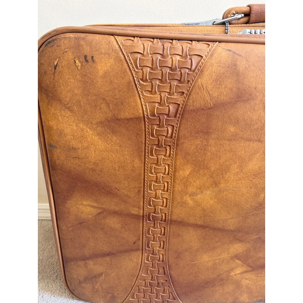 Vintage American Tourister 2 Piece Luggage Set Brown Faux Leather Woven Detail